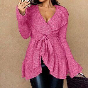 Pink Casual Women's Tie-Front Cardigan